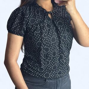 LOFT Black and White Polka Dot Tie-Neck Puff Sleeve Blouse
